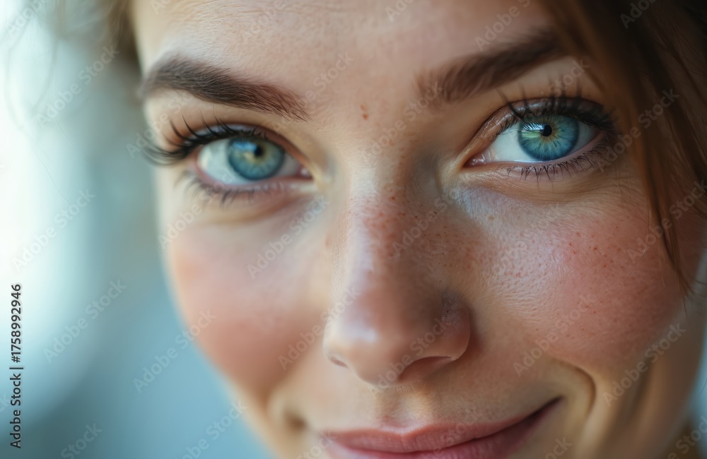 Fototapeta premium Close up of a woman with bright blue eyes and freckles smiling gently. She appears confident and at ease, hinting at comfortable use of eyewear. Natural beauty highlighted.
