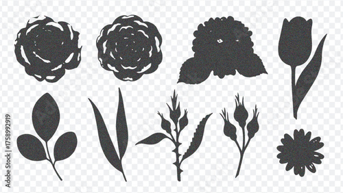 Collection of elegant black floral silhouettes including roses, tulips, and leaves, perfect for crafting and design projects.