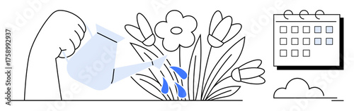 Hand pouring water on blooming flowers symbolizing care and growth with a nearby calendar implying planning. Ideal for sustainability, gardening, planning, nurturing, growth, productivity