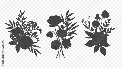 Three distinct black floral silhouette designs featuring roses, leaves, and stems, perfect for decorative art and crafts.
