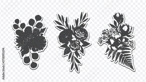 Three distinct black-and-white floral designs featuring leaves, berries, and intricate patterns, ideal for decorative art and craft projects.