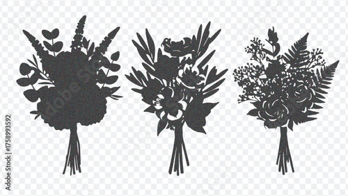 Three black silhouette bouquets with varied floral designs, each featuring unique leaves and flowers, set against a white background.