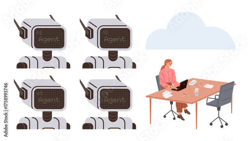 Robots labeled AI Agent organized in grid next to businesswoman at desk with laptop, documents, and coffee. Ideal for automation, AI, teamwork, decision-making, technology, productivity simple flat