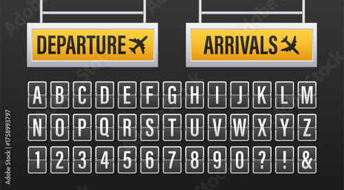 Airport departure arrivals split flap board alphabet letters