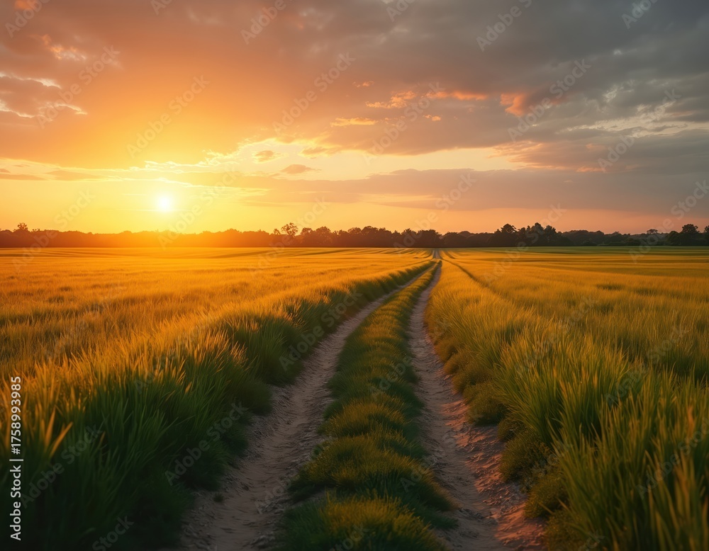 Obraz premium Dirt path through green grass field at sunset. Rural landscape with cloudy sky, trees in distance. Warm sunlight on grass, road. Countryside scene with serene atmosphere. Peaceful evening in rural