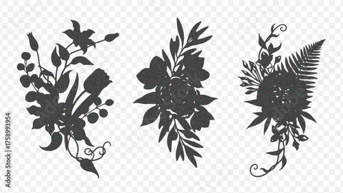 Three distinct black floral silhouettes featuring ornate leaves and blooms, perfect for decorative art or design projects. Clean and elegant.