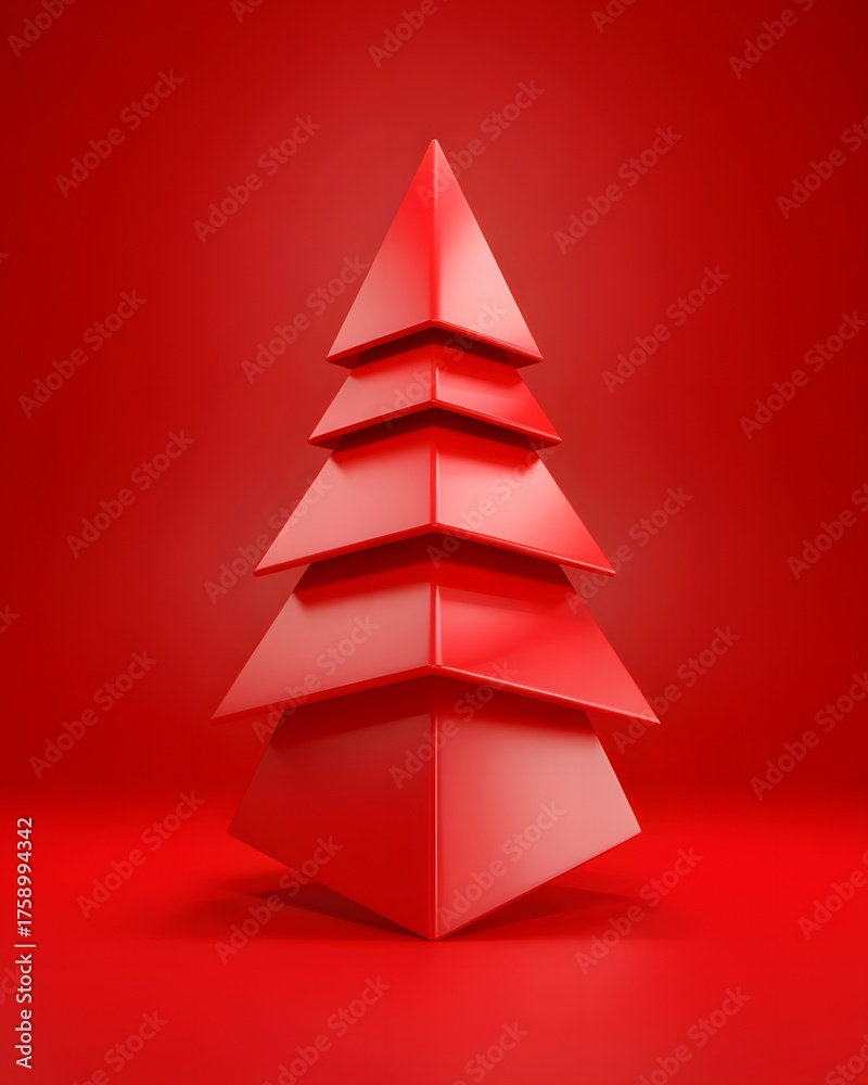 Fototapeta premium Minimalist Christmas tree 3D render, vibrant red, geometric holiday design, modern festive background, luxurious merry seasonal celebration, happy elegant graphic element.