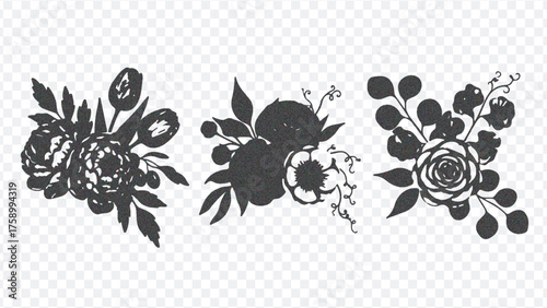 Three distinct black floral illustrations featuring roses, leaves, and intricate details, ideal for decorative art and design projects. Clean and elegant.