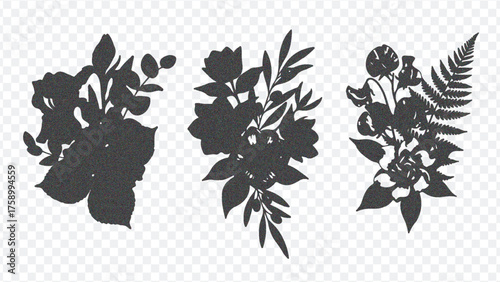 Three distinct black silhouette designs of floral arrangements, showcasing leaves, ferns, and blooms in artistic form.