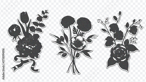 Three distinct black floral designs with intricate details, showcasing roses, chrysanthemums, and mixed bouquets in vintage style.