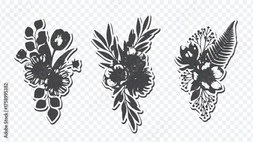 Three distinct black floral designs with leaves and blooms, featuring intricate line art, symmetrical patterns, and elegant detailing.