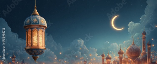 Beautiful Lantern and Crescent Moon Illuminate Skyline at Night