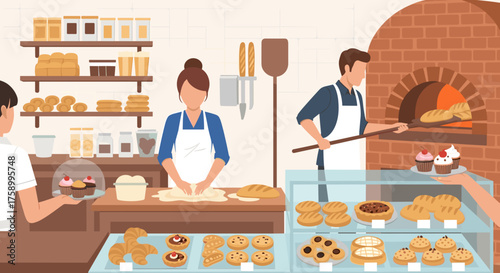 Charming bakery scene with artisan bread baking and delicious pastries displayed, inviting for sweet treats and coffee