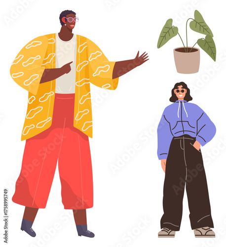Two stylish individuals with contrasting outfits, one gesturing while the other looks relaxed. Ideal for diversity, fashion, inclusion, casual lifestyle, modern art, communication, simple flat