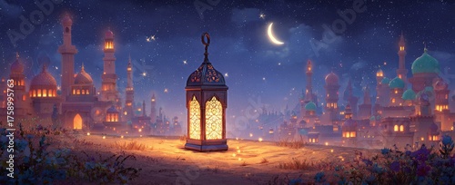Beautiful Lantern and Crescent Moon Illuminate Skyline at Night