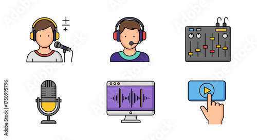 Professional podcasting icons for audio recording and streaming, perfect for modern media and broadcasting setups