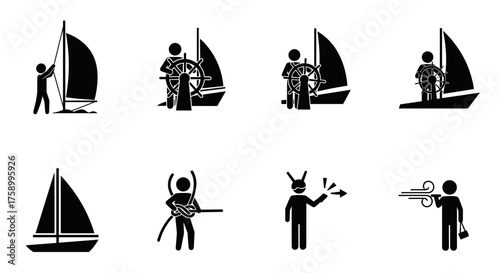 Sailboat adventures on the sea sailing with wind power, nautical lifestyle with simple vector icon designs