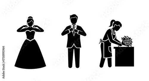 Elegant bride preparing, dapper groom adjusting tie, and florist arranging bouquet for wedding celebration icon set