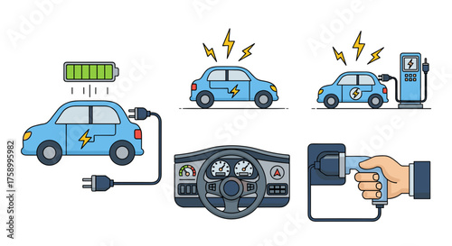 Modern electric car charging solutions, sustainable transportation, electric vehicles, green energy future, vector