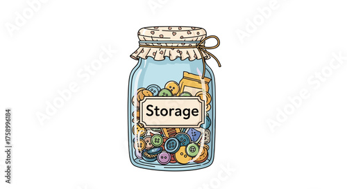 Charming jar of colorful buttons for creative craft projects or organizing notions, perfect for sewing enthusiasts