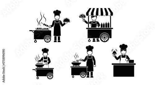 Street food chefs cooking delicious meals on carts, offering tacos and grilling skewers, a culinary experience