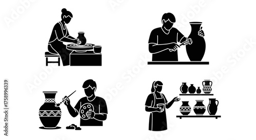 Pottery studio artists creating and decorating ceramic vases with care, passion, and skill, vector art