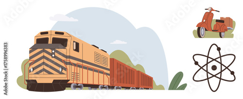 Freight train with cargo cars in outdoors scenery, classic red scooter with luggage, and scientific atomic model. Ideal for transportation, science, journey, technology, ecology, education energy