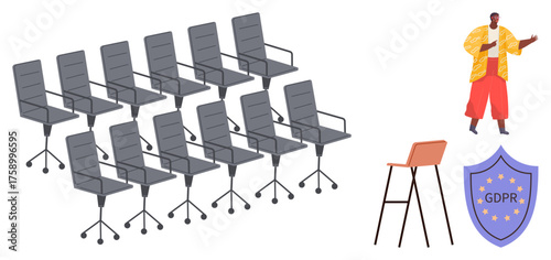 Group of office chairs facing a speaker, tall stool and European GDPR compliance badge. Ideal for office, presentation, compliance, employee rights, teamwork, workplace dynamics regulation. A simple
