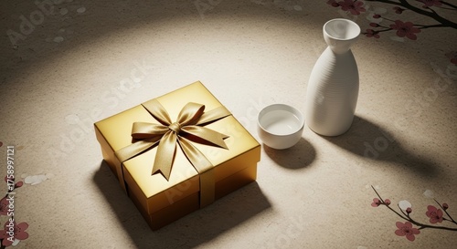 Elegant gift box with sake set on cherry blossom background