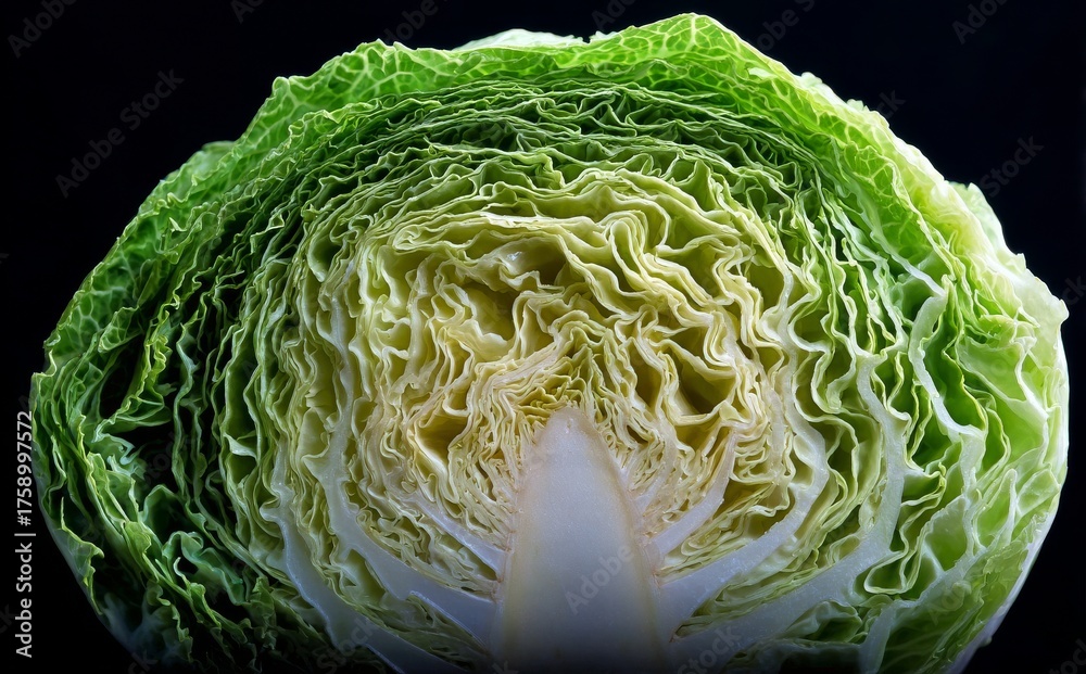 Fototapeta premium Fresh Green Cabbage Cut in Half Showing Detailed Layers and Texture of Vegetable