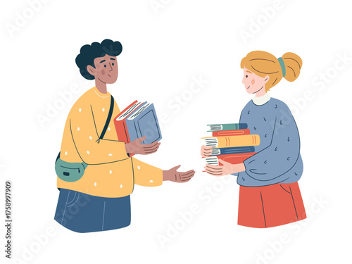 Vector illustration of a young man and woman exchanging books as part of an eco-friendly bookcrossing event. Symbol of reuse, community sharing, and sustainability culture. Clean minimal design