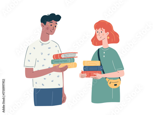 Young readers giving and receiving books. Concept of charity, recycling, and sustainable knowledge exchange. Clean composition, modern color palette