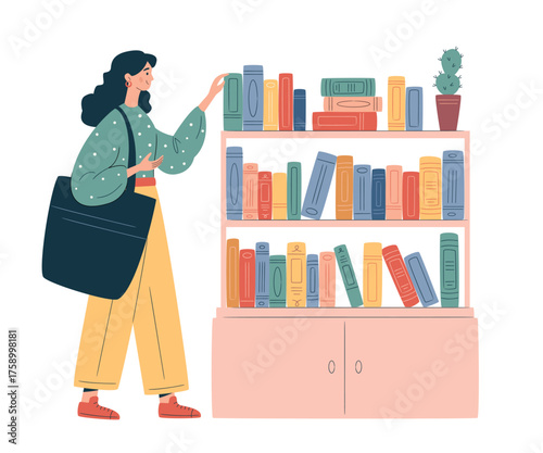 Young woman with big tote bag by a free library shelf. Concept of knowledge sharing, eco lifestyle, and cultural connection through books. Modern minimalist design.