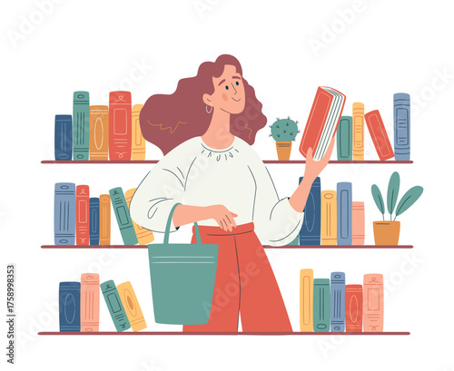 Young woman with tote bag at a bookcrossing station or in a library. She holds a book she’s about to exchange, promoting charity, learning, and sustainable reading
