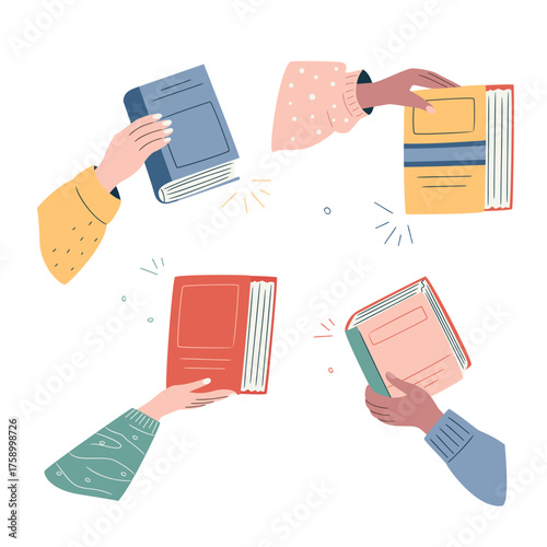 Diverse hands exchanging books. Cultural sharing and donation event concept. Flat minimalistic design for education and community themes