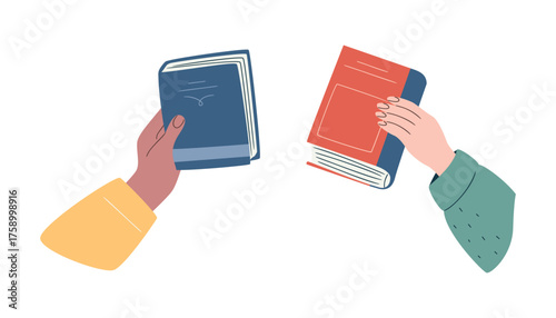 Exchange, donation, buying books. Multi-ethnic readers participating in a bookcrossing event. Collaboration, education, and community sharing. Modern flat illustration.