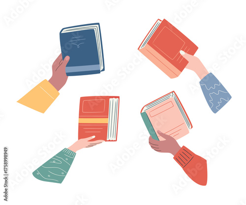 Hands holding and passing books in motion. Symbolic concept of knowledge exchange, charity, and learning culture. Perfect for library or reading campaign visuals.