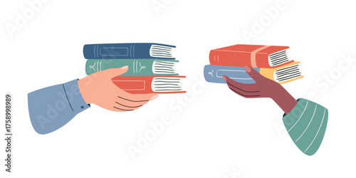 Diverse hands changing colorful pile of books. Concept for book donation, exchange, or reading culture festival. Vector banner for education and community sharing