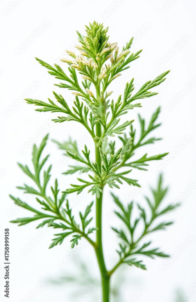 Fototapeta premium Caraway plant with green leaves, small white flowers. Cumin herb isolated on white background. Fresh green cumin leaves, inflorescence. Medicinal plant Carum carvi. Aromatic spice used in cooking,
