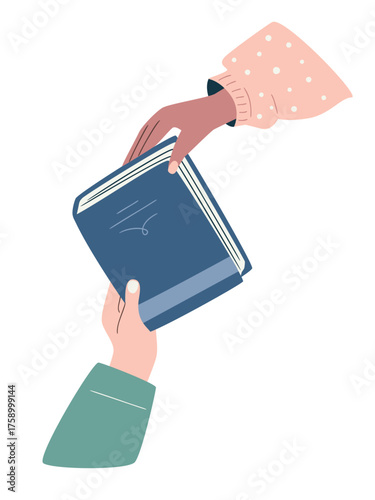 Vector artwork of people swapping books during a charity or bookcrossing event. Clean modern flat style, cultural and educational concept for reading promotion.