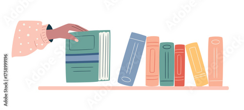 Hand placing a book on a bookshelf. Symbol of sharing, community learning, and book exchange. Clean flat composition in modern style