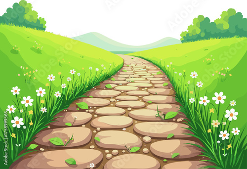 Green countryside road surrounded by blooming flowers and rolling hills, peaceful spring landscape for travel, nature or eco design background