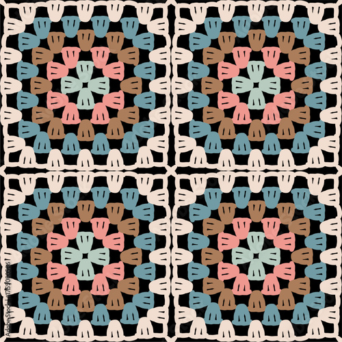Pattern with crochet granny square wallpaper handmade decorative art design print	
