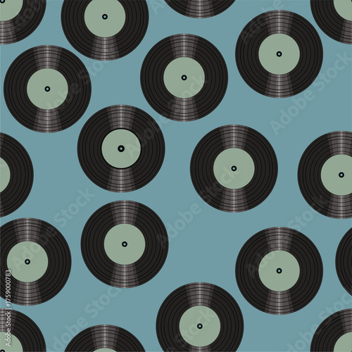 Seamless pattern print wallpaper with vinyl record discs music illustration vector retro style 60s, 70s, 80s, design art background for paper, textile, pack etc.	
