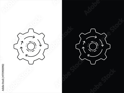 Minimalist gear icon with rotation arrows, black and white background, process automation, system engineering and workflow optimization concept