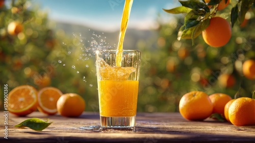 Freshly Squeezed Orange Juice Poured Into a Glass on a Sunny Orchard Day