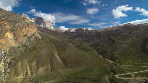 Aerial view of high cliffs in a mountain gorge. Landscape and nature of the North Caucasus