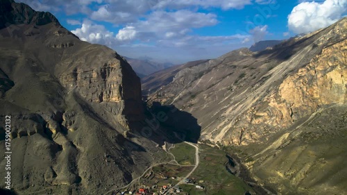 Aerial view of high cliffs in a mountain gorge. Landscape and nature of the North Caucasus