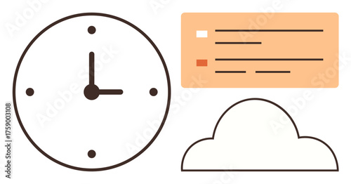 Clock highlighting time, checklist for task organization, and cloud symbolizing digital data storage. Ideal for productivity, scheduling, organization, digital tools, cloud computing, task