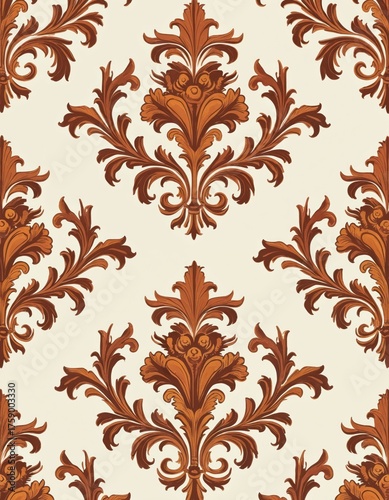 Vintage floral seamless pattern with brown, orange ornate designs on light beige background. Elegant 18th century style wallpaper with leaves, flowers. Retro decor for wall, fabric, textile design.